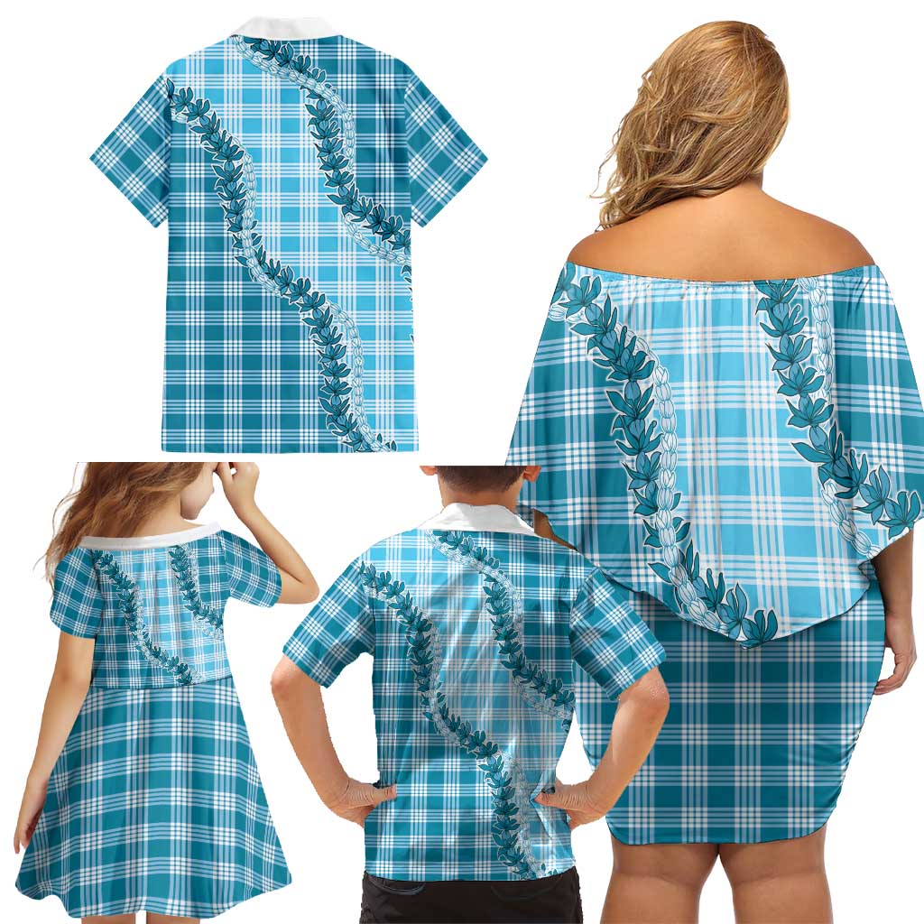 Blue Hawaii Palaka Family Matching Off Shoulder Short Dress and Hawaiian Shirt Hawaiian Pikake Lei LT05 - Polynesian Pride