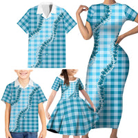 Blue Hawaii Palaka Family Matching Short Sleeve Bodycon Dress and Hawaiian Shirt Hawaiian Pikake Lei LT05 - Polynesian Pride