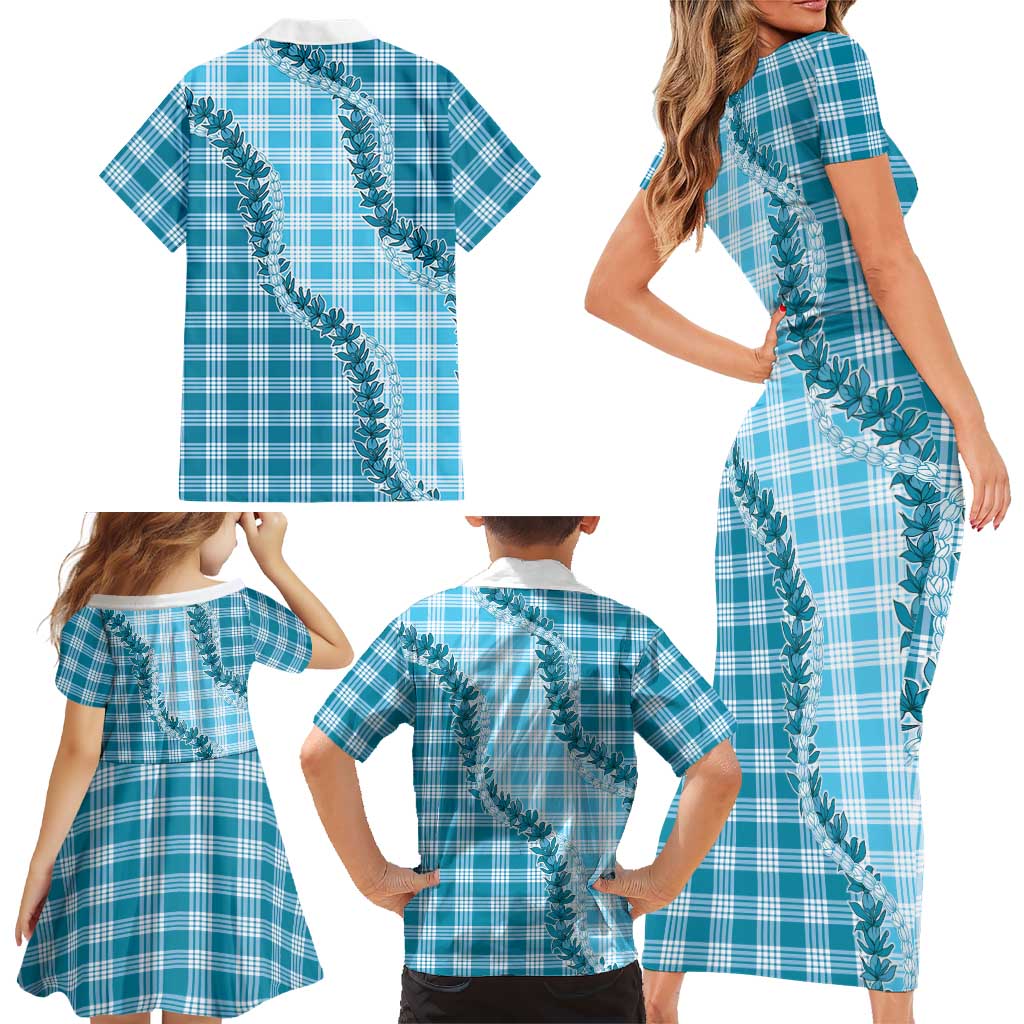 Blue Hawaii Palaka Family Matching Short Sleeve Bodycon Dress and Hawaiian Shirt Hawaiian Pikake Lei LT05 - Polynesian Pride