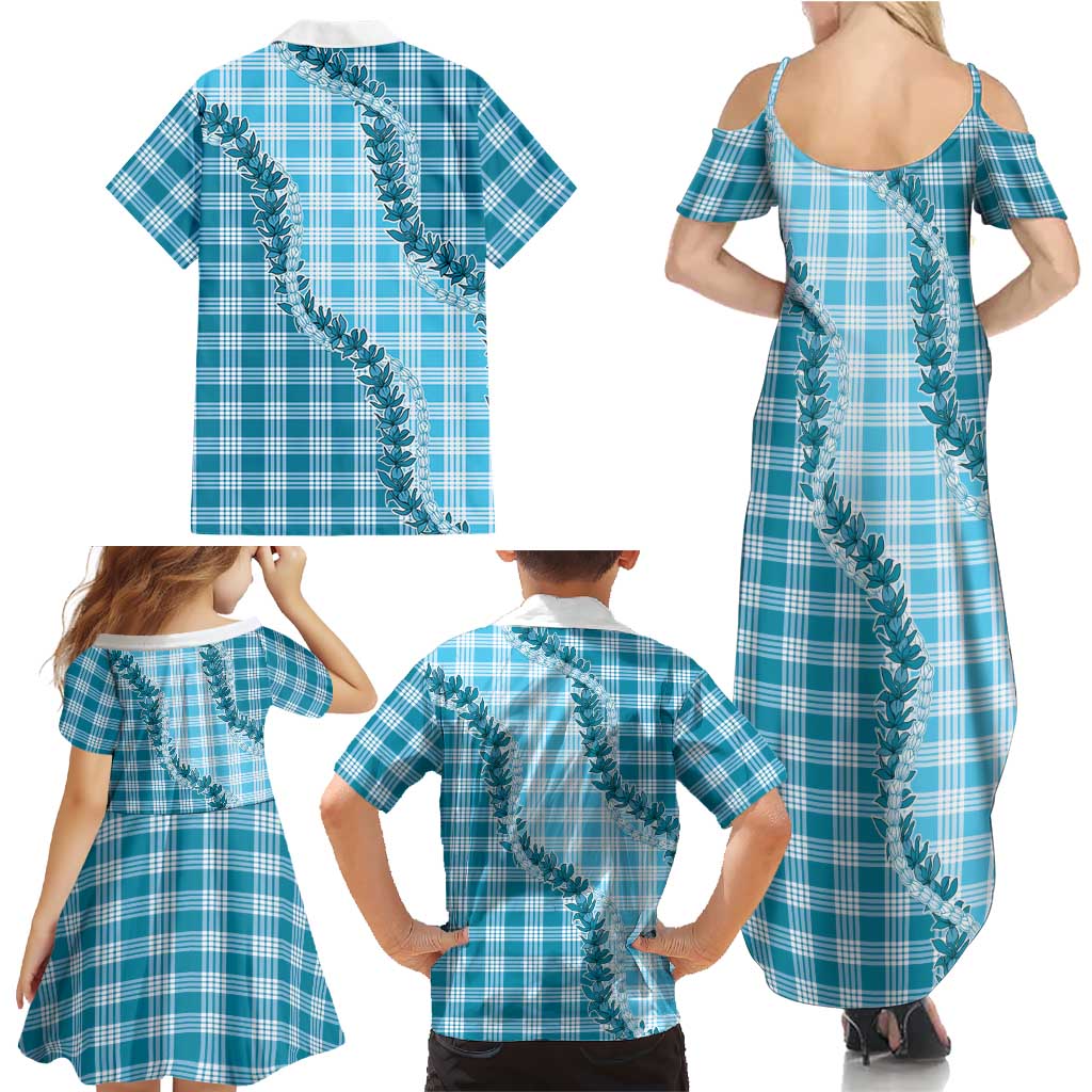 Blue Hawaii Palaka Family Matching Summer Maxi Dress and Hawaiian Shirt Hawaiian Pikake Lei LT05 - Polynesian Pride