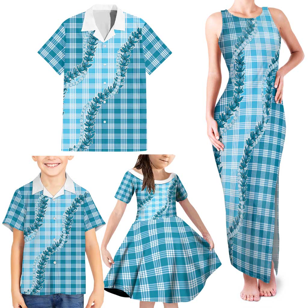 Blue Hawaii Palaka Family Matching Tank Maxi Dress and Hawaiian Shirt Hawaiian Pikake Lei LT05 - Polynesian Pride