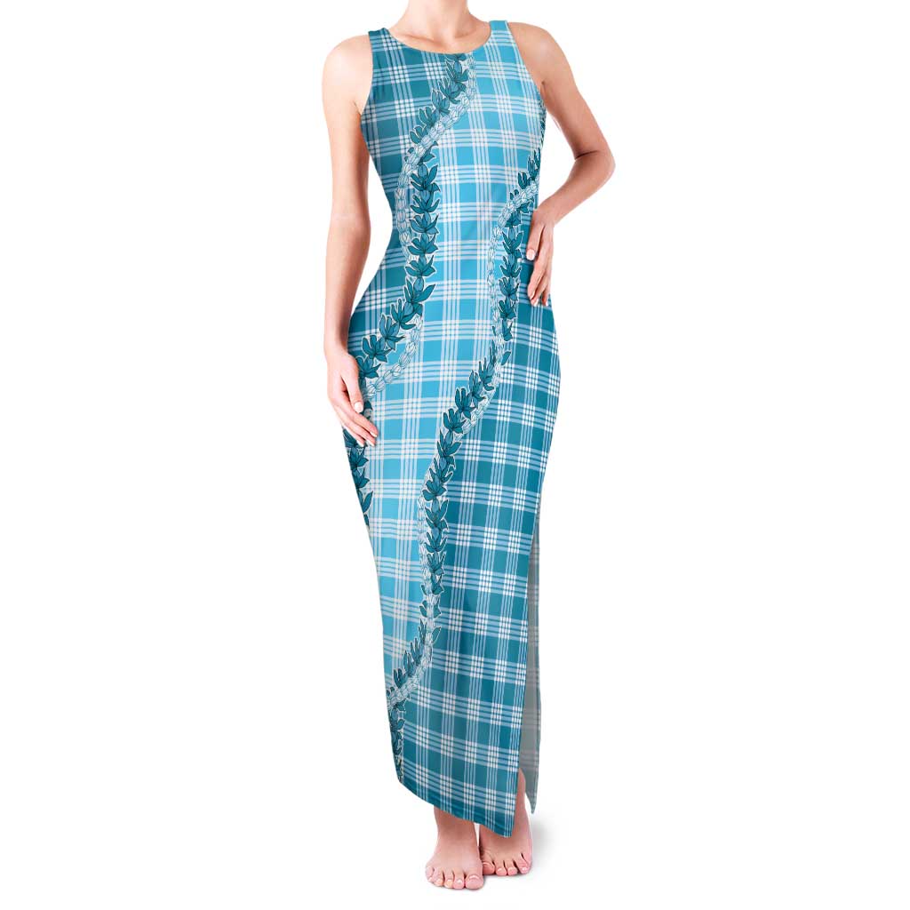 Blue Hawaii Palaka Family Matching Tank Maxi Dress and Hawaiian Shirt Hawaiian Pikake Lei LT05 Mom's Dress Blue - Polynesian Pride