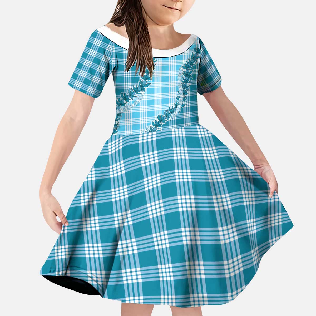 Blue Hawaii Palaka Kid Short Sleeve Dress Hawaiian Pikake Lei