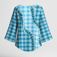 Blue Hawaii Palaka Kimono Sleeve Blouse Hawaiian Pikake Lei