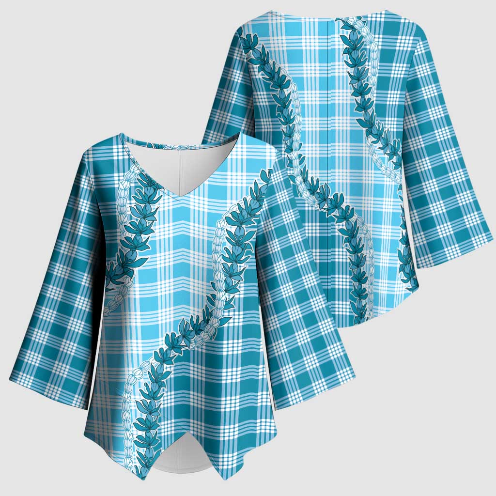 Blue Hawaii Palaka Kimono Sleeve Blouse Hawaiian Pikake Lei