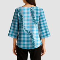 Blue Hawaii Palaka Kimono Sleeve Blouse Hawaiian Pikake Lei
