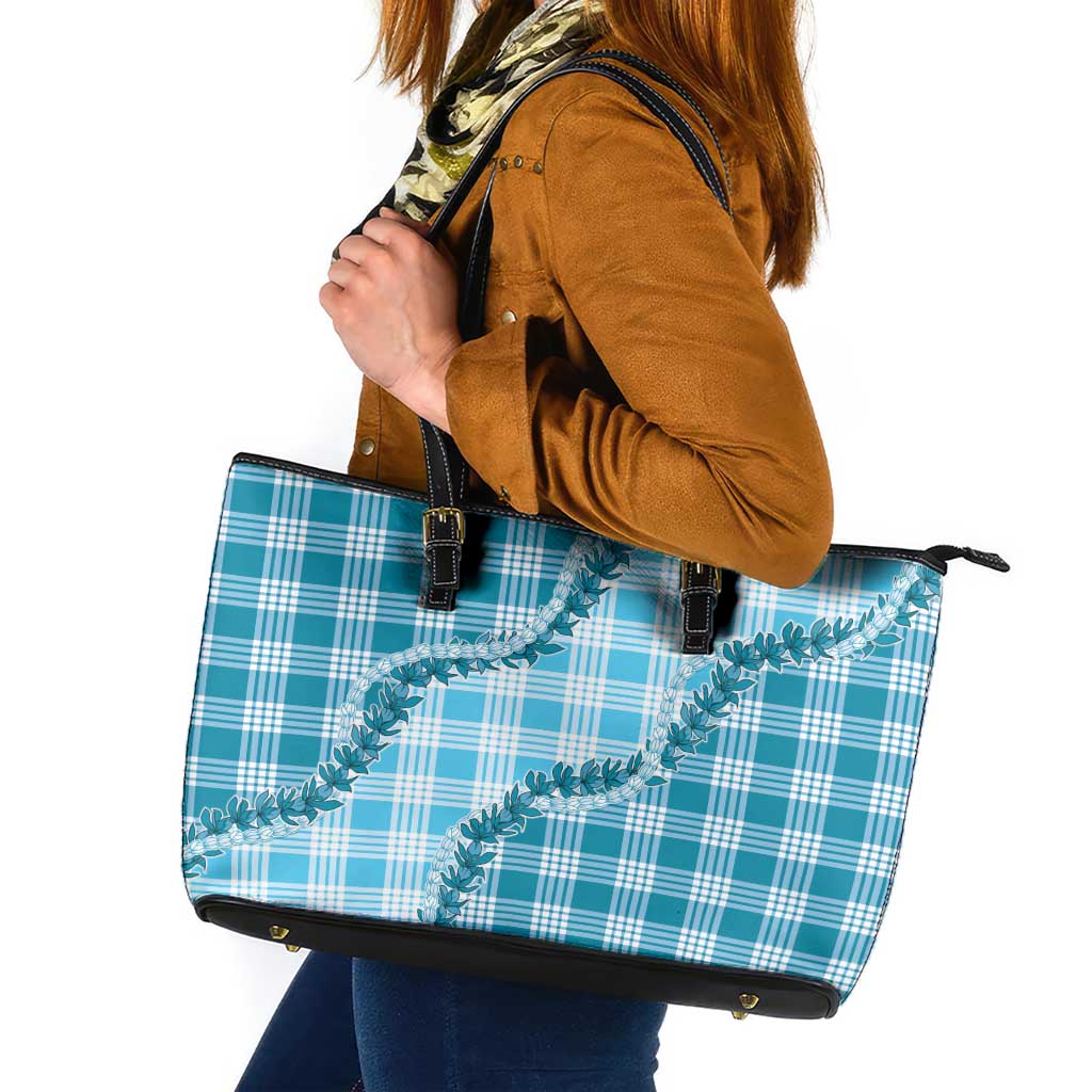 Blue Hawaii Palaka Leather Tote Bag Hawaiian Pikake Lei