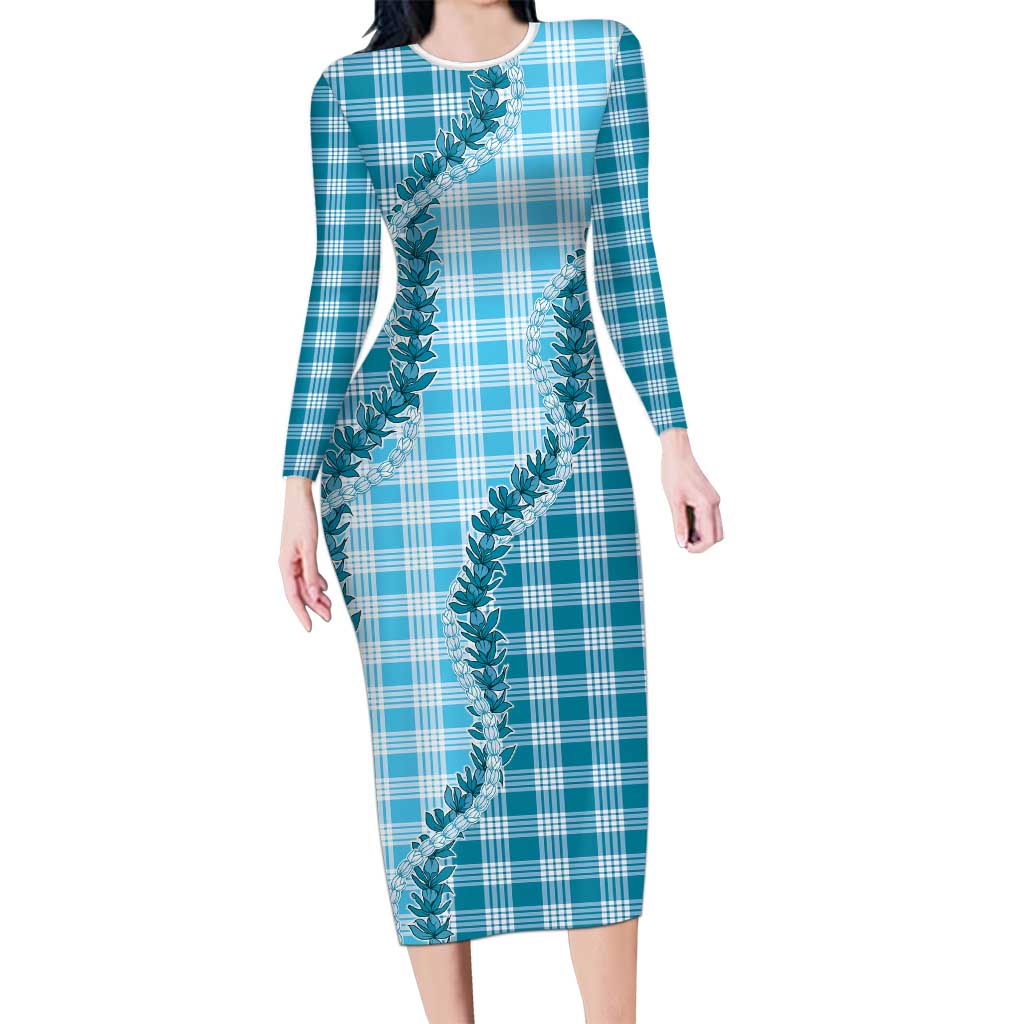 Blue Hawaii Palaka Long Sleeve Bodycon Dress Hawaiian Pikake Lei