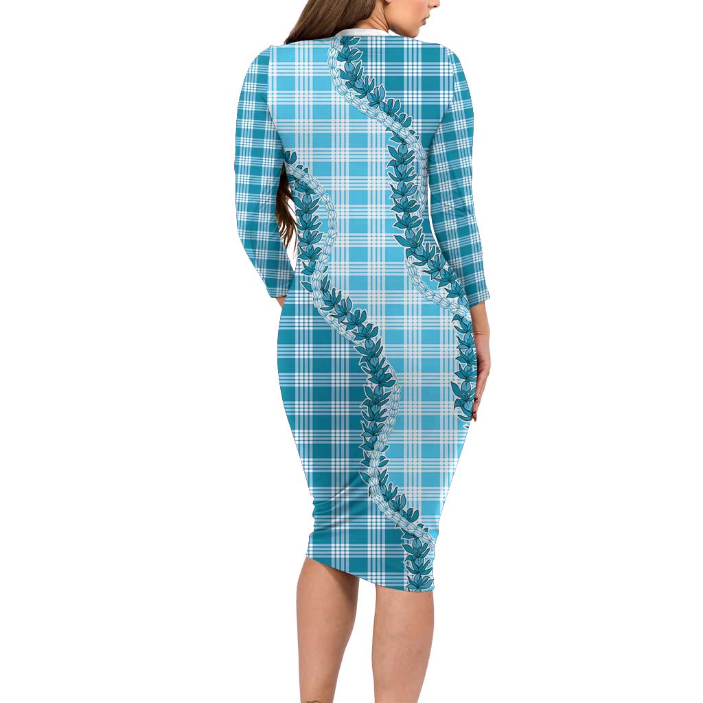 Blue Hawaii Palaka Long Sleeve Bodycon Dress Hawaiian Pikake Lei