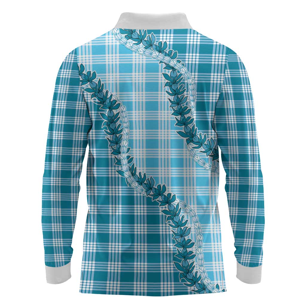 Blue Hawaii Palaka Long Sleeve Polo Shirt Hawaiian Pikake Lei