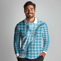 Blue Hawaii Palaka Long Sleeve Polo Shirt Hawaiian Pikake Lei