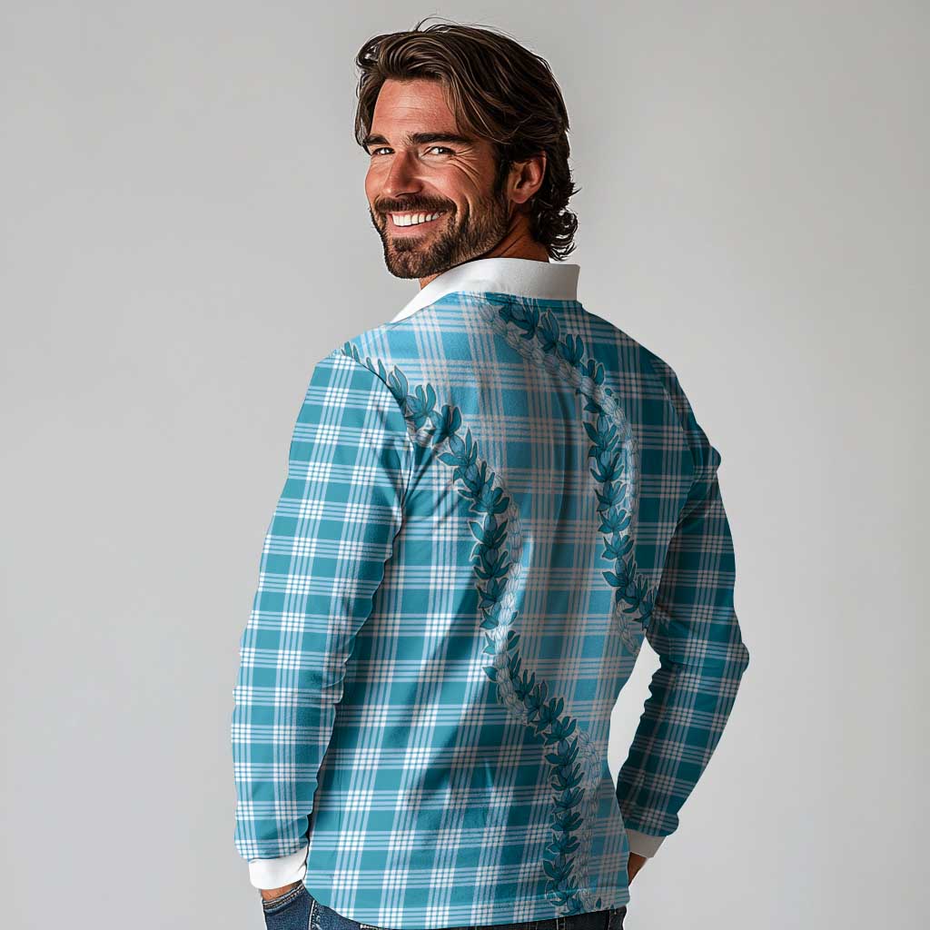 Blue Hawaii Palaka Long Sleeve Polo Shirt Hawaiian Pikake Lei