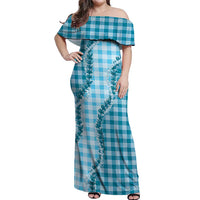Blue Hawaii Palaka Off Shoulder Maxi Dress Hawaiian Pikake Lei