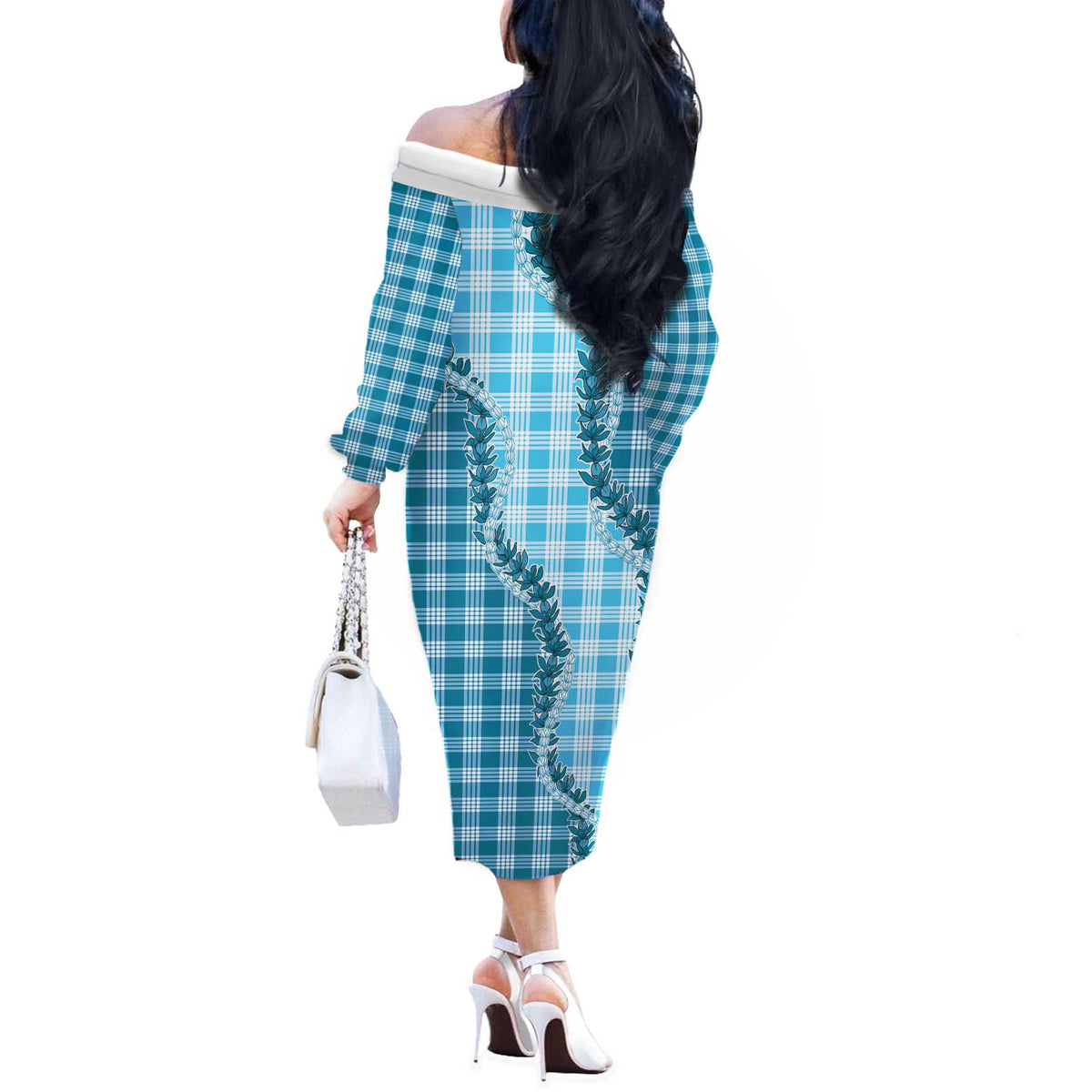 Blue Hawaii Palaka Off The Shoulder Long Sleeve Dress Hawaiian Pikake Lei