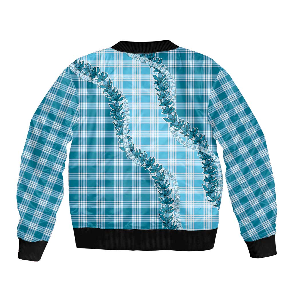 Blue Hawaii Palaka Sleeve Zip Bomber Jacket Hawaiian Pikake Lei