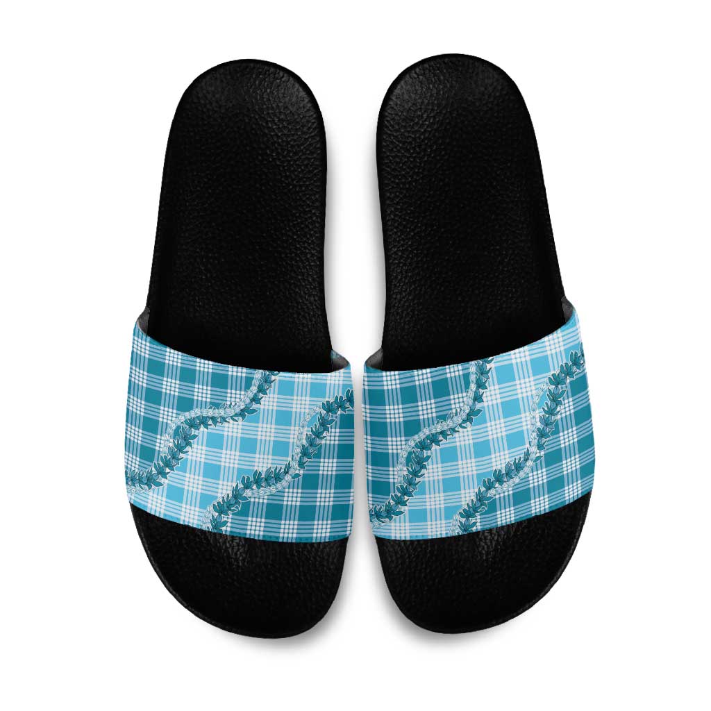 Blue Hawaii Palaka Slide Sandals Hawaiian Pikake Lei