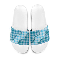 Blue Hawaii Palaka Slide Sandals Hawaiian Pikake Lei