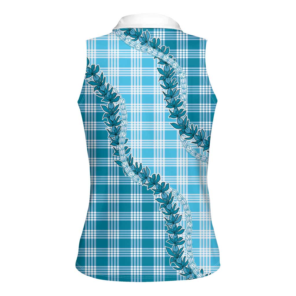 Blue Hawaii Palaka Women Sleeveless Polo Shirt Hawaiian Pikake Lei