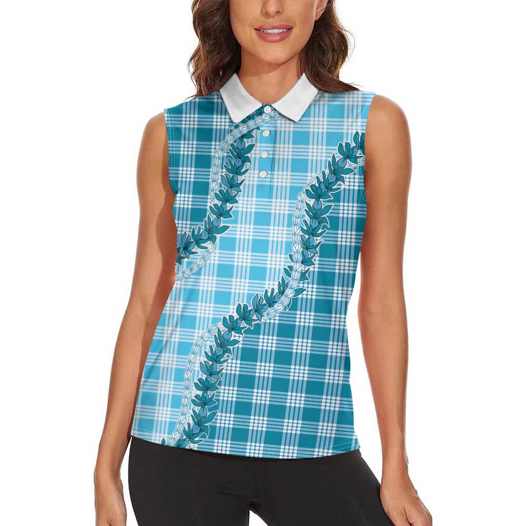Blue Hawaii Palaka Women Sleeveless Polo Shirt Hawaiian Pikake Lei