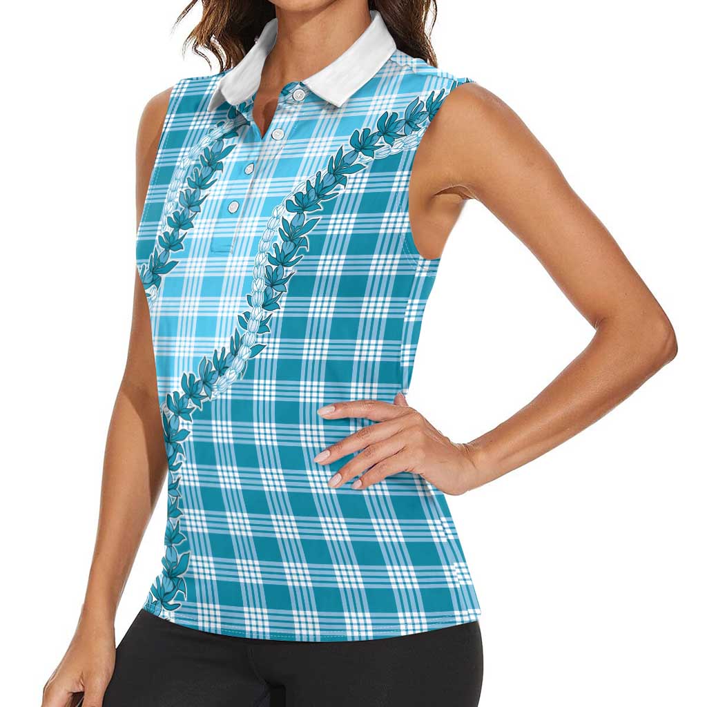 Blue Hawaii Palaka Women Sleeveless Polo Shirt Hawaiian Pikake Lei