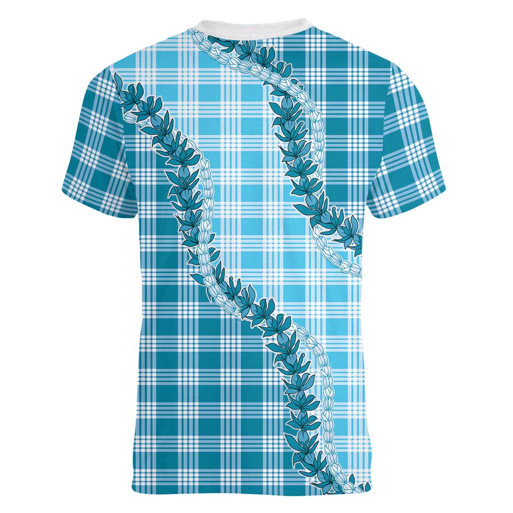Blue Hawaii Palaka Women V-Neck T-Shirt Hawaiian Pikake Lei