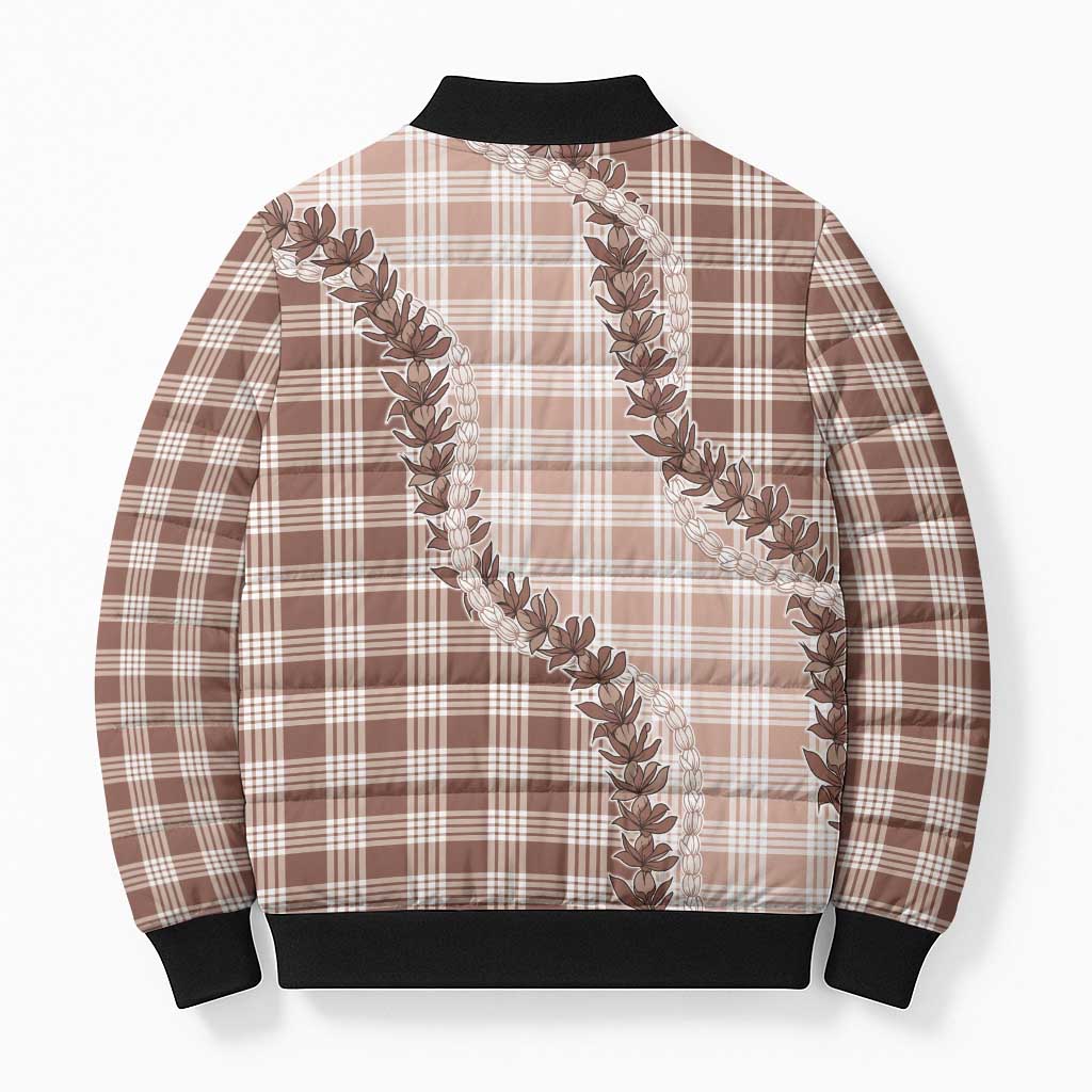 Beige Hawaii Palaka Bomber Puffer Jacket Hawaiian Pikake Lei