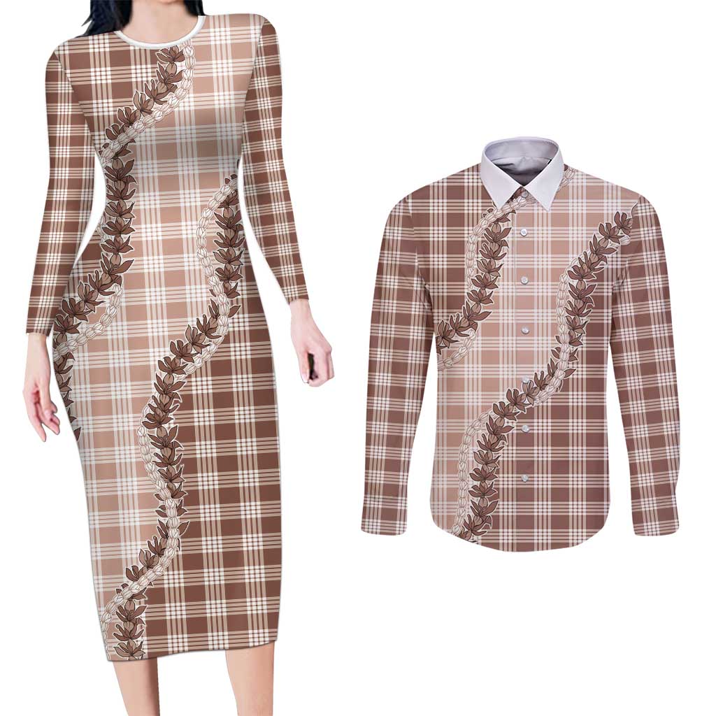 Beige Hawaii Palaka Couples Matching Long Sleeve Bodycon Dress and Long Sleeve Button Shirt Hawaiian Pikake Lei LT05 Beige - Polynesian Pride