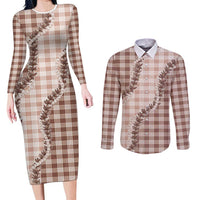 Beige Hawaii Palaka Couples Matching Long Sleeve Bodycon Dress and Long Sleeve Button Shirt Hawaiian Pikake Lei LT05 Beige - Polynesian Pride