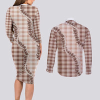 Beige Hawaii Palaka Couples Matching Long Sleeve Bodycon Dress and Long Sleeve Button Shirt Hawaiian Pikake Lei LT05 - Polynesian Pride