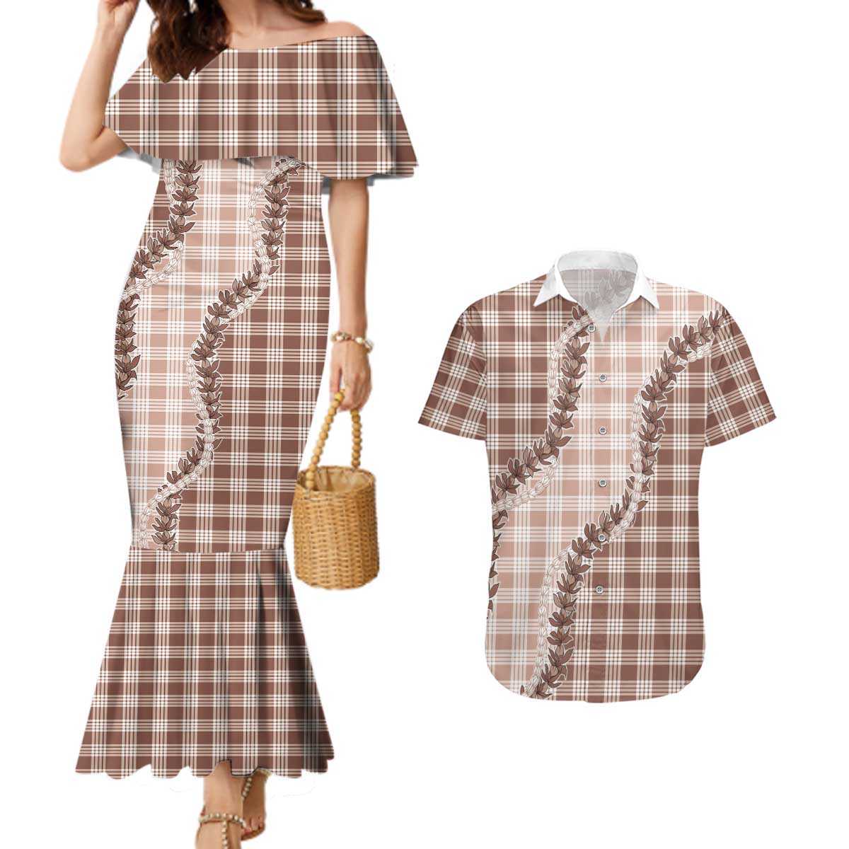 Beige Hawaii Palaka Couples Matching Mermaid Dress and Hawaiian Shirt Hawaiian Pikake Lei