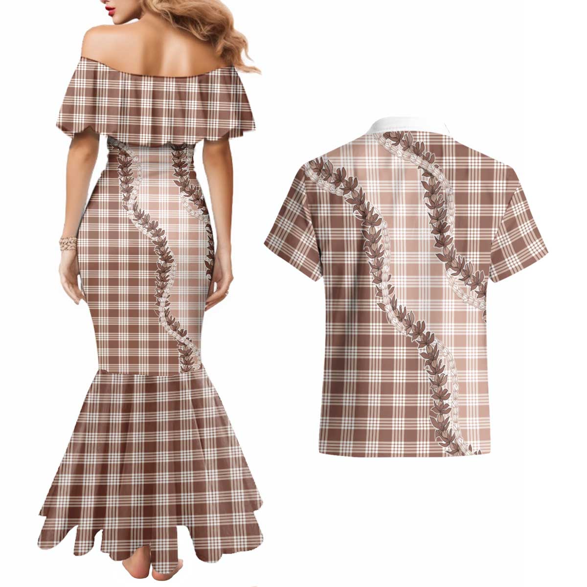 Beige Hawaii Palaka Couples Matching Mermaid Dress and Hawaiian Shirt Hawaiian Pikake Lei