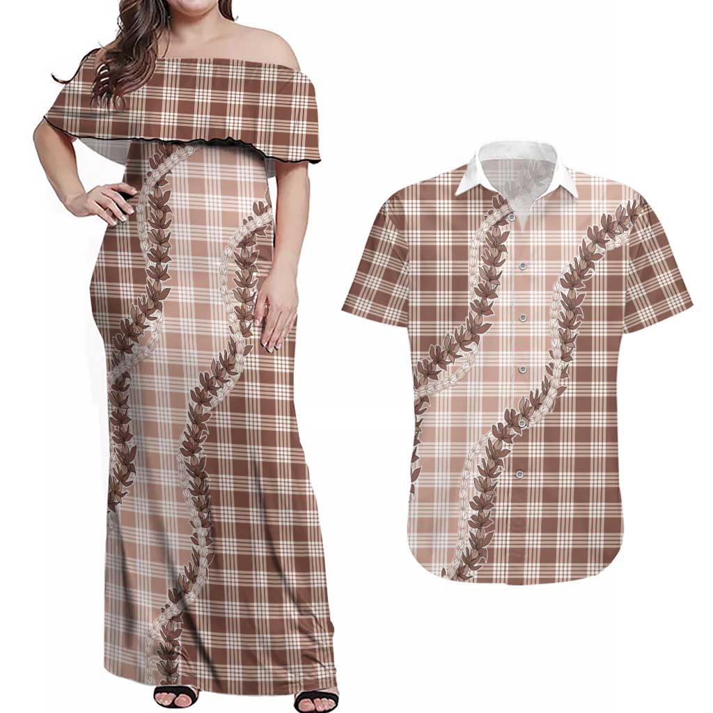Beige Hawaii Palaka Couples Matching Off Shoulder Maxi Dress and Hawaiian Shirt Hawaiian Pikake Lei