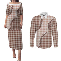 Beige Hawaii Palaka Couples Matching Puletasi and Long Sleeve Button Shirt Hawaiian Pikake Lei
