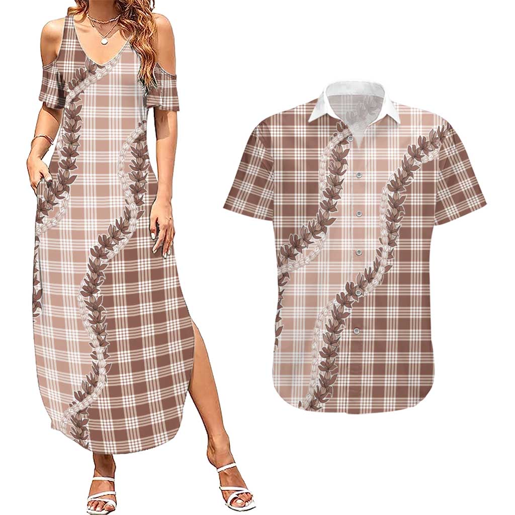 Beige Hawaii Palaka Couples Matching Summer Maxi Dress and Hawaiian Shirt Hawaiian Pikake Lei