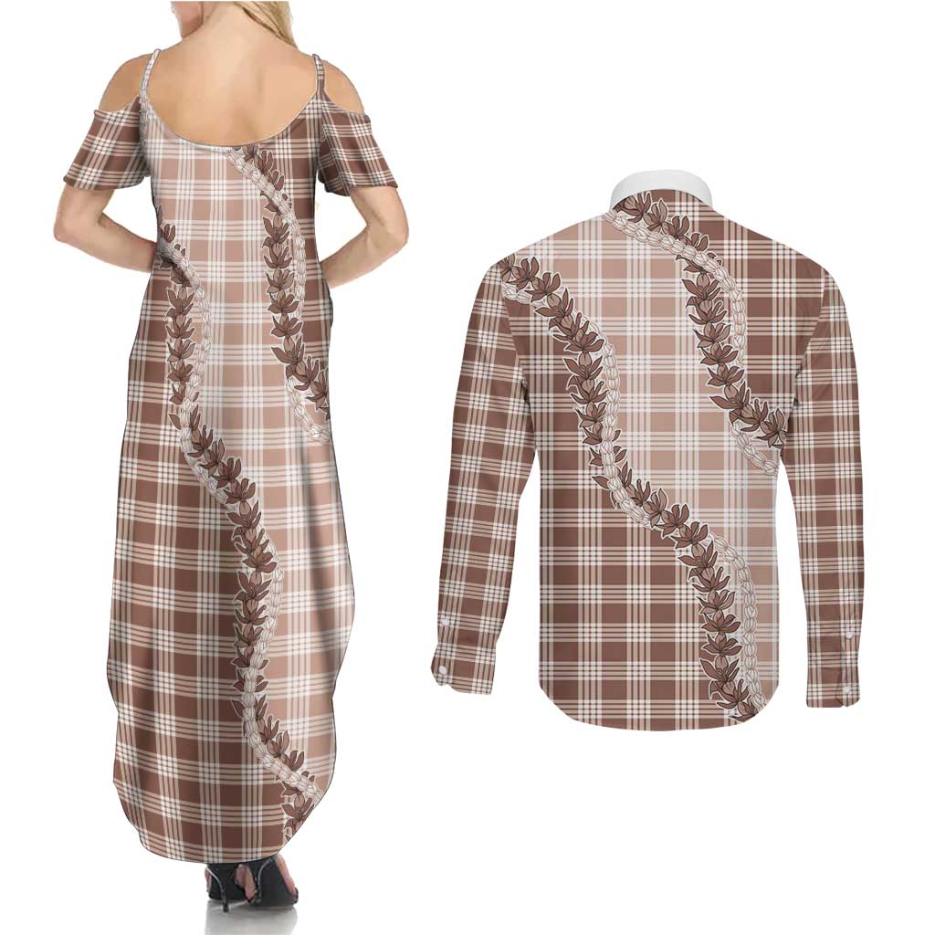 Beige Hawaii Palaka Couples Matching Summer Maxi Dress and Long Sleeve Button Shirt Hawaiian Pikake Lei