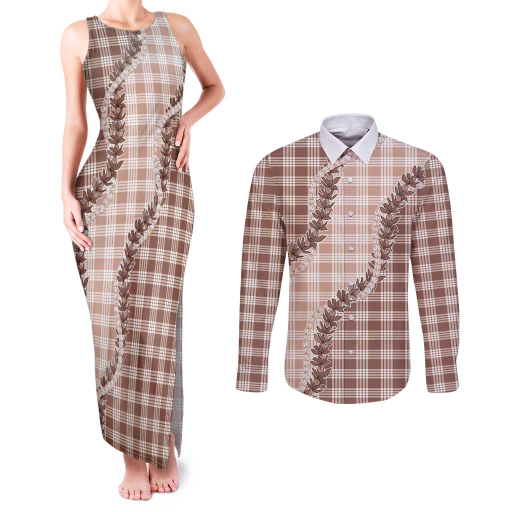Beige Hawaii Palaka Couples Matching Tank Maxi Dress and Long Sleeve Button Shirt Hawaiian Pikake Lei