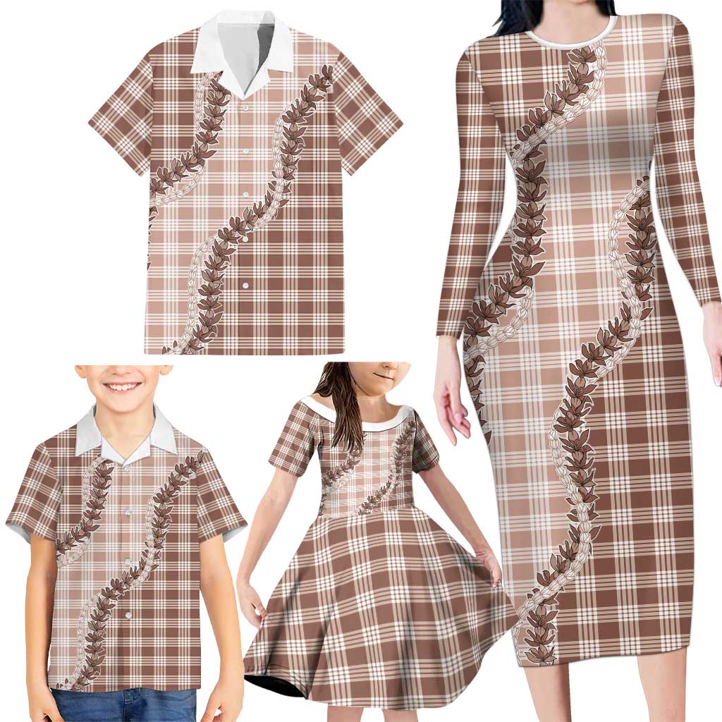 Beige Hawaii Palaka Family Matching Long Sleeve Bodycon Dress and Hawaiian Shirt Hawaiian Pikake Lei