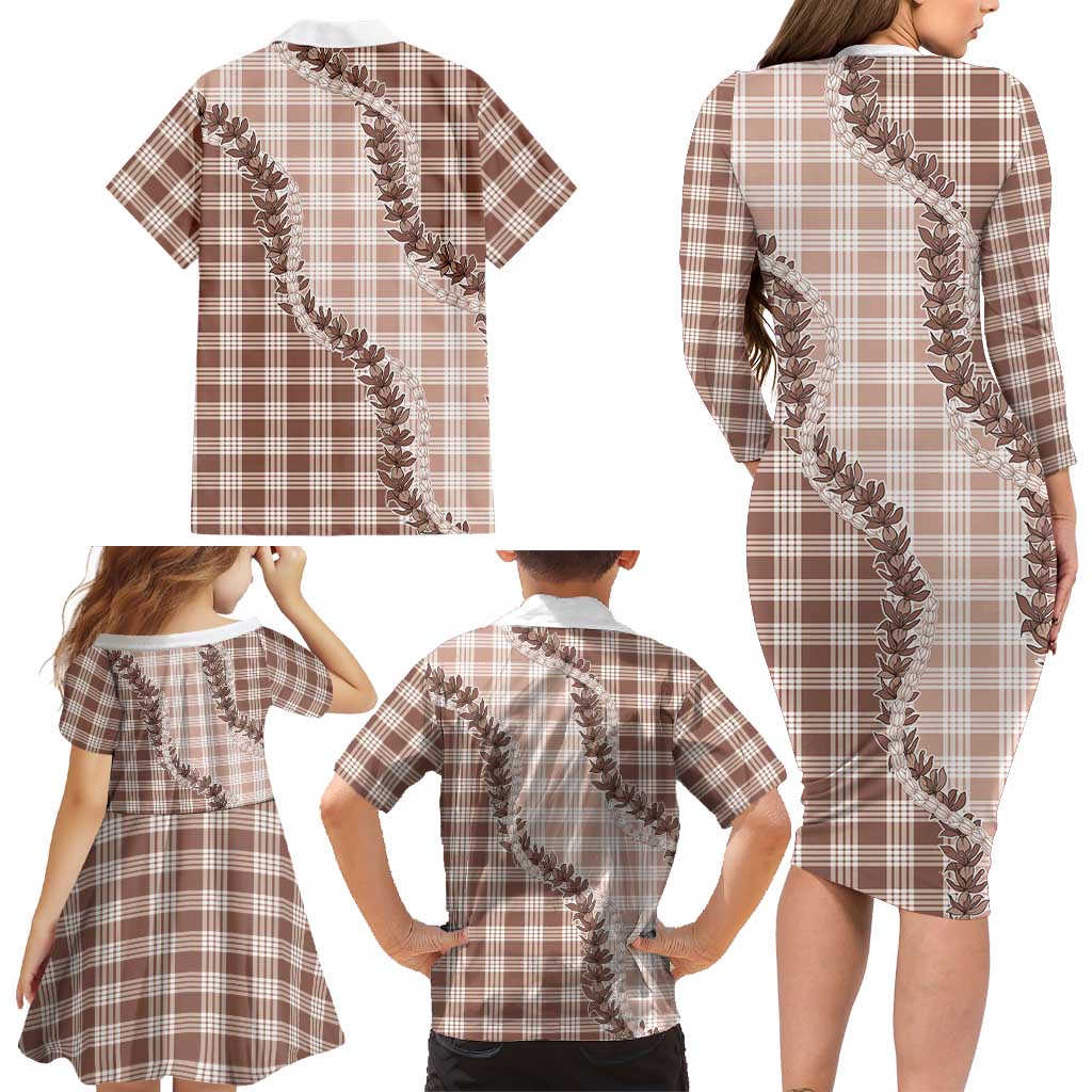 Beige Hawaii Palaka Family Matching Long Sleeve Bodycon Dress and Hawaiian Shirt Hawaiian Pikake Lei LT05 - Polynesian Pride