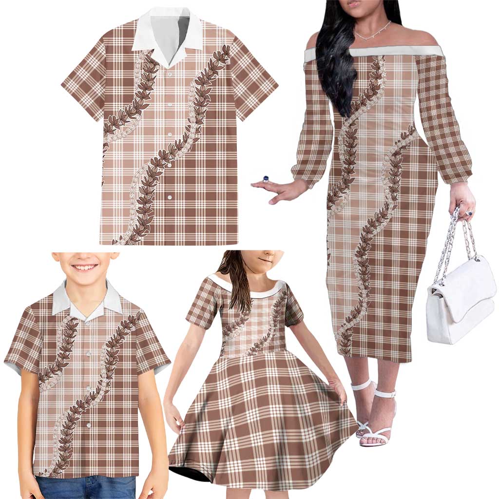 Beige Hawaii Palaka Family Matching Off The Shoulder Long Sleeve Dress and Hawaiian Shirt Hawaiian Pikake Lei