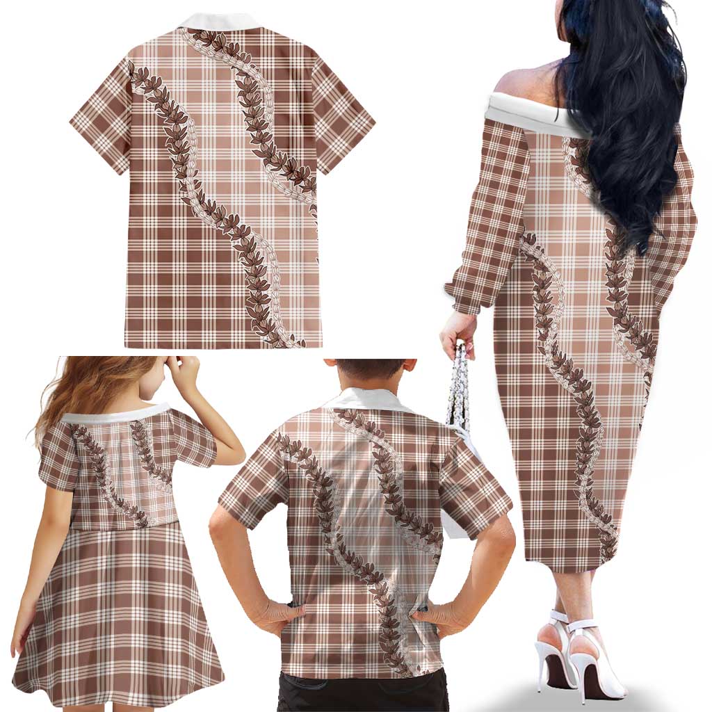 Beige Hawaii Palaka Family Matching Off The Shoulder Long Sleeve Dress and Hawaiian Shirt Hawaiian Pikake Lei LT05 - Polynesian Pride
