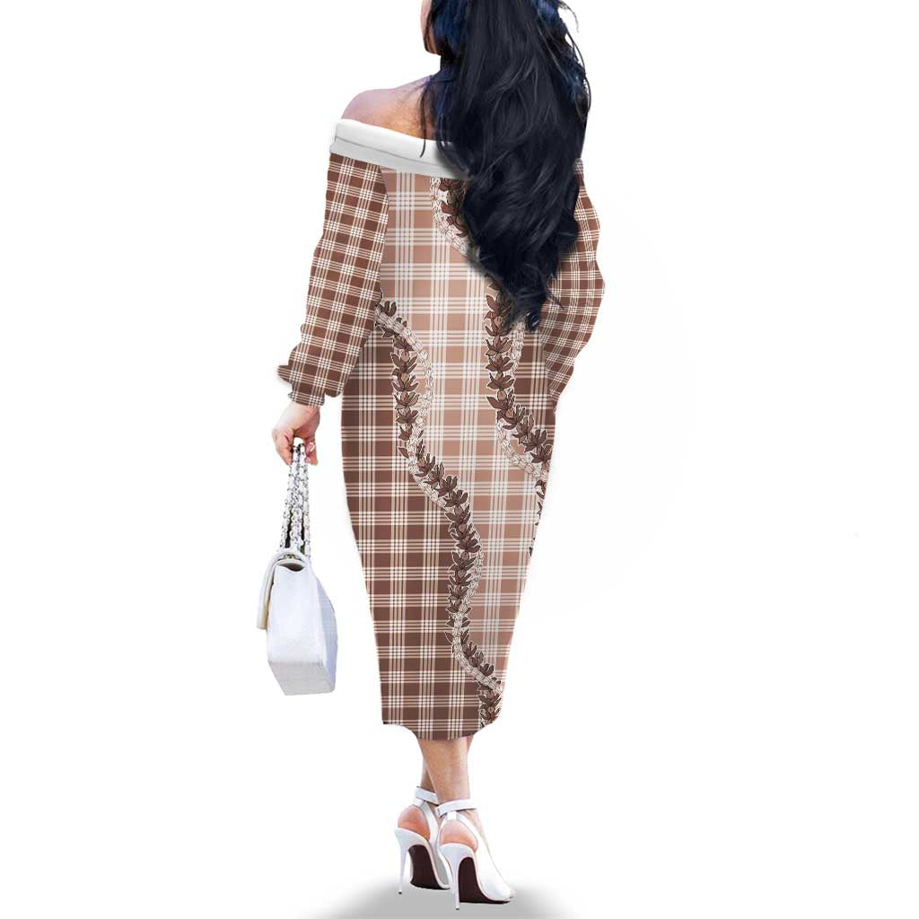 Beige Hawaii Palaka Family Matching Off The Shoulder Long Sleeve Dress and Hawaiian Shirt Hawaiian Pikake Lei LT05 - Polynesian Pride
