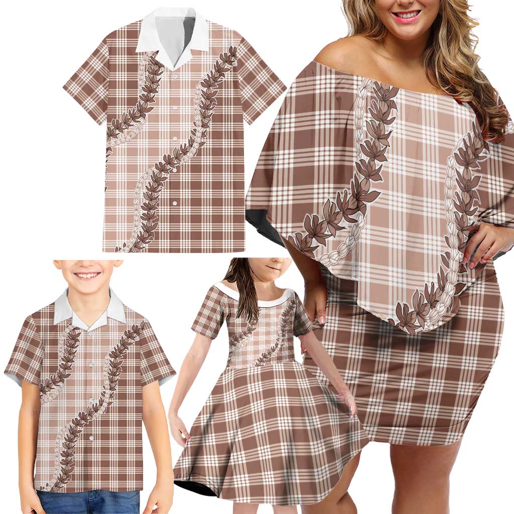 Beige Hawaii Palaka Family Matching Off Shoulder Short Dress and Hawaiian Shirt Hawaiian Pikake Lei