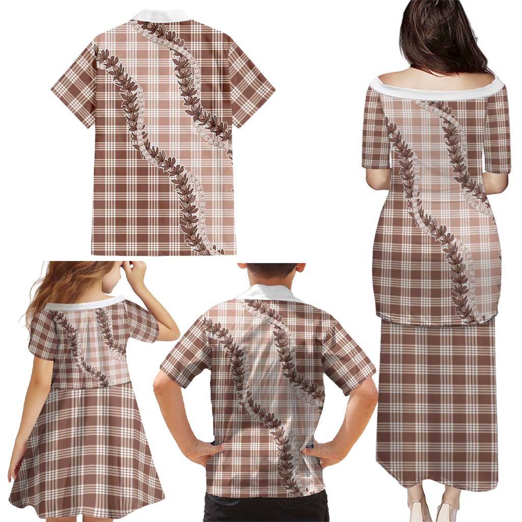 Beige Hawaii Palaka Family Matching Puletasi and Hawaiian Shirt Hawaiian Pikake Lei