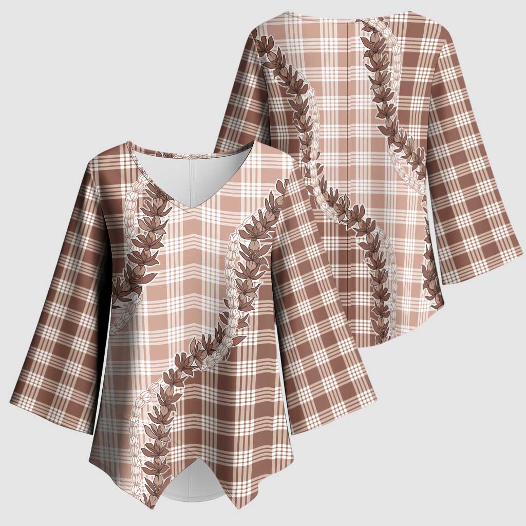 Beige Hawaii Palaka Kimono Sleeve Blouse Hawaiian Pikake Lei