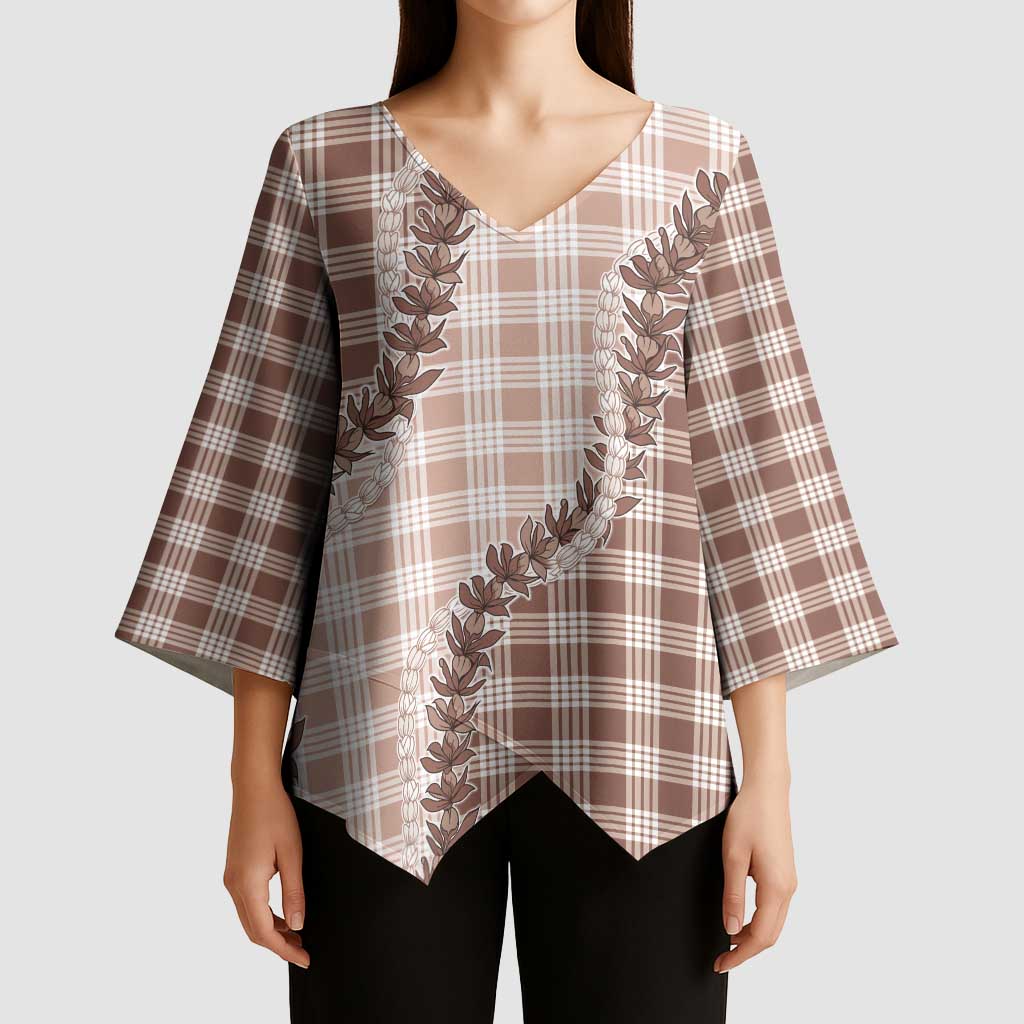 Beige Hawaii Palaka Kimono Sleeve Blouse Hawaiian Pikake Lei