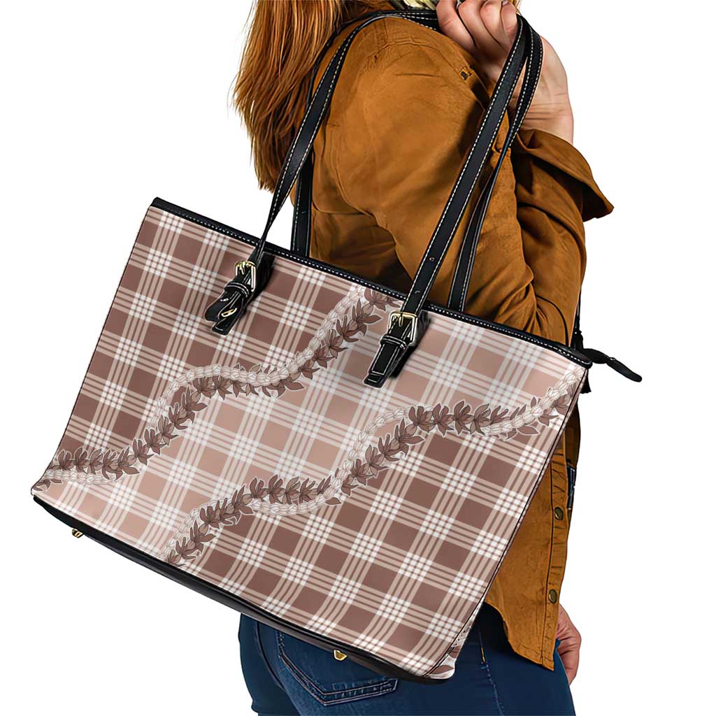 Beige Hawaii Palaka Leather Tote Bag Hawaiian Pikake Lei