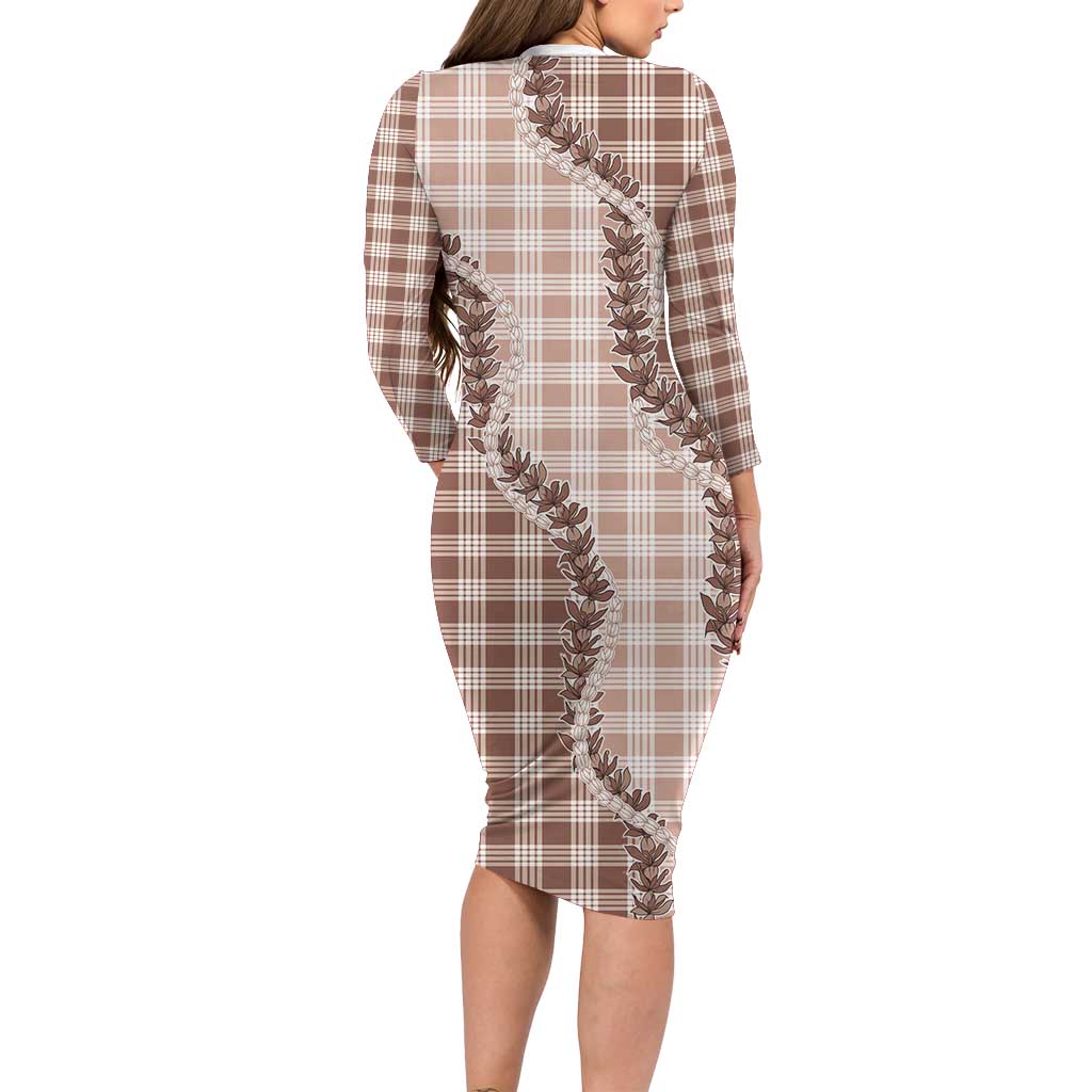 Beige Hawaii Palaka Long Sleeve Bodycon Dress Hawaiian Pikake Lei