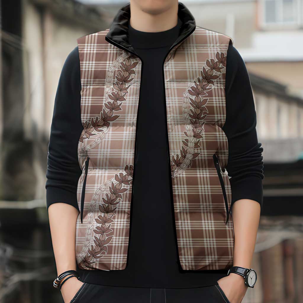 Beige Hawaii Palaka Sleeveless Puffer Jacket Hawaiian Pikake Lei