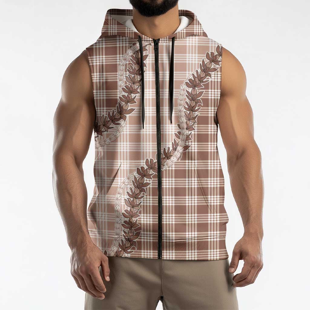 Beige Hawaii Palaka Sleeveless Zip Hoodie Hawaiian Pikake Lei