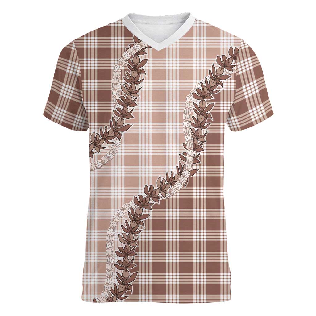 Beige Hawaii Palaka Women V-Neck T-Shirt Hawaiian Pikake Lei